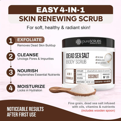 Premium Coconut Body Scrub Set - Large 16Oz Dead Sea Salt Body Scrub with Infused Essential Oils & Nutrients, Includes Wooden Spoon, Loofah & Oatmeal Exfoliating Bar Soap